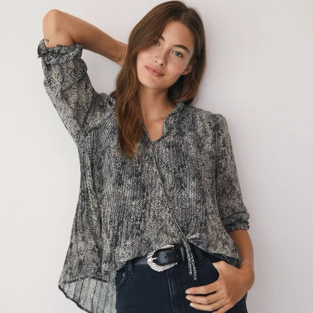 Mango Printed pleated blouse - Size 4 - Picture 2 of 16